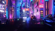 a city street filled with lots of neon lights