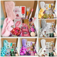 a collage of pictures showing the contents of a woman's hamper and its contents