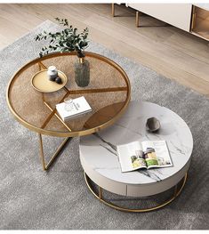 a coffee table with a magazine on it in the middle of a living room area