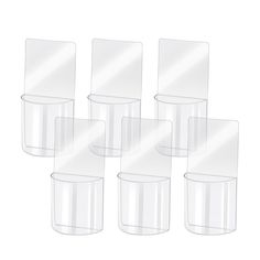 six clear plastic cups are lined up in rows on a white background, with one empty cup to the side