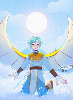 an anime character standing in the snow with her arms outstretched and wings spread out,