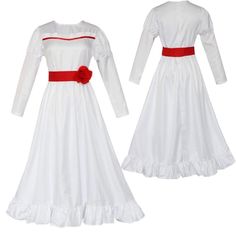 a white dress with red ribbon and long sleeves