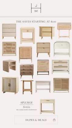 an advertisement for the furniture store with different types of drawers and tables in white background