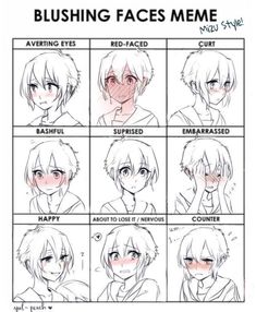 an anime character's face chart with different facial expressions and the words, brushing faces meme