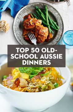 the top 50 old school aussie dinneres are on this table with plates and bowls