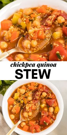 two pictures showing different types of stew in white bowls with spoons on the side