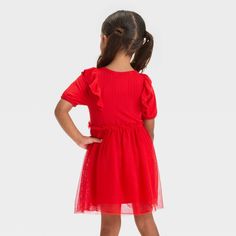 Your darling will look super cute and adorable by wearing the Short-Sleeve Tulle Dress from Cat & Jack™. This short-sleeve dress features ruffles on the shoulders and a mesh overlay below the waist for a sweet look. Tailored from soft fabric blend, this knee-length dress offers comfort all day. Cat & Jack™: Designed for all children so you can trust it's made for yours. Red Knit Dress, Long Sleeve Print Dress, Mesh Overlay, Toddler Girl Outfits, Girls Long Sleeve, Dress Romper, Tulle Dress, Knee Length Dress, Toddler Outfits