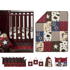 a crib bedding set with red, brown and white stars on the blanket