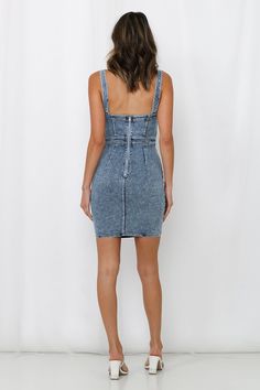 Length from shoulder to hem of size S: 79cm. Medium blue wash denim dress. Non-lined. Cold hand wash only. Model is a standard XS and is wearing size XS. True to size. Slightly stretchy and soft woven denim fabric. Silver-toned back zipper. Wash finish may vary. Cotton/Polyester. We saw your recent searches babe! Since you loved our denim One For The Money Midi Dress, we've cropped the hem to give you the reinvented mini, the Kick Up A Fuss Dress. This fitted and booty popping mini is half the effort but twice as hot! It features a classic square neckline with panelled seam details throughout, and finished off with a vintage blue wash hue. Style with a bold lip colour and statement heels. One For The Money, Bold Lip Color, Statement Heels, Feel Empowered, Shopping Day, Denim Fabric, The Money, Medium Blue, Square Neckline