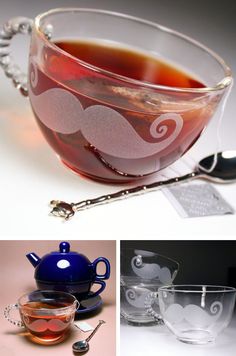 there are pictures of tea in glass cups and spoons