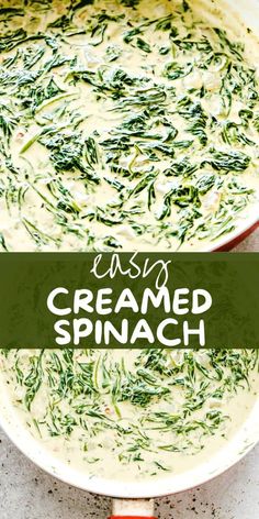 creamy creamed spinach soup in a red pot with the title text overlay