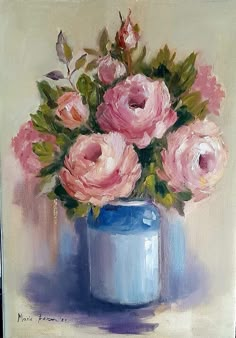 a painting of pink roses in a blue vase