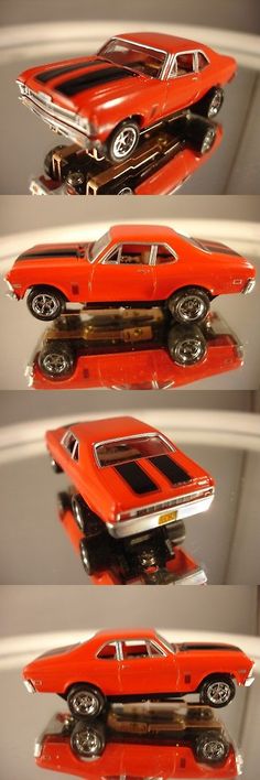 three pictures of an orange model car on display