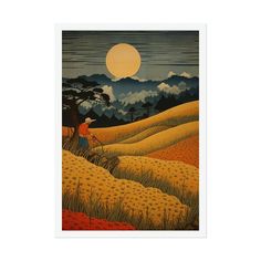 a painting of a man standing in a field with a full moon behind him,