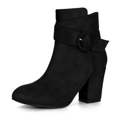 This boot has a blocked heel, ankle strap decor, a side zipper that makes it easy to put on and take off, and a rounded toe design. It's a versatile shoe that can be worn on special occasions or dates or for daily wear. There are multiple color options available, but please keep in mind that there may be a slight color difference. Block Heel Boots Ankle, Black Ankle Heeled Boots With Zipper Closure, Ankle-high Booties With 4-inch Heel And Medium Width, Black Closed Toe Booties With 4-inch Heel, Black Heeled Boots With 4-inch Heel And Medium Width, Party Booties With 4-inch Heel And Medium Width, Black Chunky Heels, Basic Shoes, Chunky Heel Ankle Boots