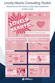 the lovey hearts consulting tool kit is shown in pink and blue, with images of people