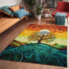 a living room area rug with an abstract painting on the floor and a tree in the middle