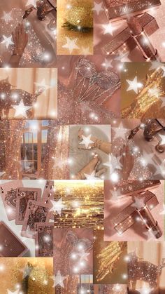 a collage of photos with gold and white stars