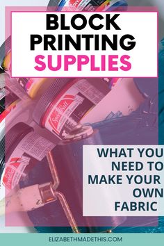 the words block printing supplies on top of a pile of paint cans and other items