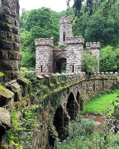 an old stone bridge surrounded by lush green trees