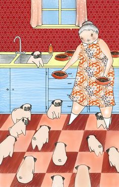 a drawing of a woman standing in front of a kitchen with many dogs on the floor