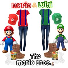 mario and luigi the mario bros costume is shown in three different colors, including green, red