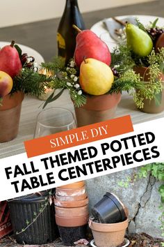 some potted plants and fruit on a table with the words, simple diy fall themed potted table centerpieces