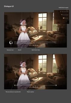 two pictures of a woman in a white dress standing next to a couch and window