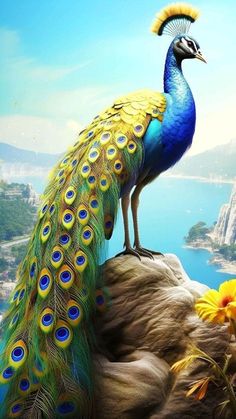 a blue and yellow peacock standing on top of a rock