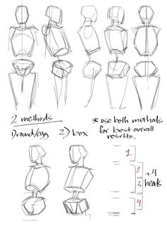 the steps to draw an object with different shapes and sizes, including one for each body