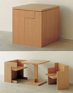 two pictures of a small table and chair in different stages of being made out of plywood