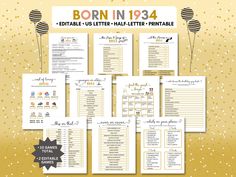 the born in 1934 printable baby shower game is shown on a gold and white background