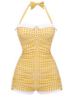 Checked Halter Bowknot One-piece Swimsuit – Retro Stage - Chic Vintage Dresses and Accessories Stile Pin Up, Klasik Hollywood, Retro Stage, Yellow Swimsuits, Standard Dress, Trendy Swimwear, Costume Intero, Cute Swimsuits, Mode Vintage