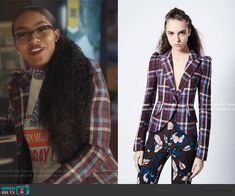 an image of a woman in plaid jacket and floral pants on the set of tv show