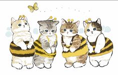 three cats dressed up as bees and one cat wearing a bee costume with a butterfly on its back