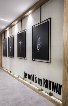 a hallway with several framed pictures on the wall and an advertisement for the world is my runway