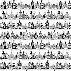 an image of a shelf full of bottles and glasses on it's shelves, all in black and white