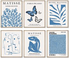 four different blue and white posters with butterfly designs on the front, one is for matissee