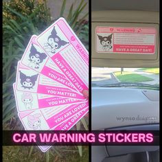 car warning stickers on the side of a car with an image of a cat