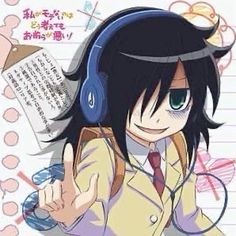 an anime character wearing headphones and holding a book in her hand with writing on it