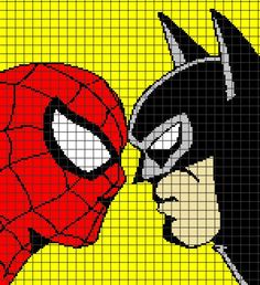 an image of a spiderman and batman face to face on a cross stitch pattern