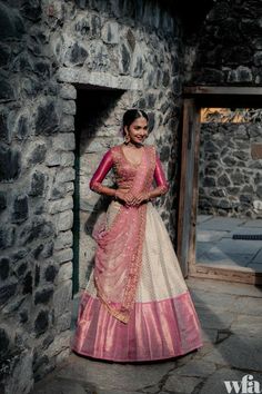 South India Lehangas, Pleated Lehenga Indian Weddings, Half Saree Modern Style, Saree To Half Saree Designs, Half Saree Voni Designs, Half Saree Styles Traditional, Pink And White Half Saree, Pleated Half Saree, Reshme Saree Lehenga