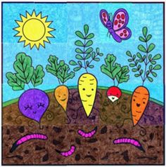 a drawing of carrots and other vegetables in the ground