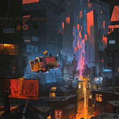 a painting of a city at night with neon lights