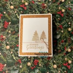 a close up of a christmas card on a tree with berries and pine cones in the background