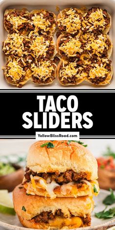 taco sliders with cheese and meat on top