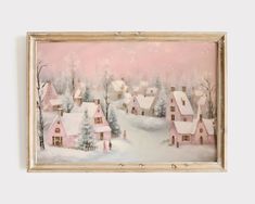 a painting of a snowy village with pink houses