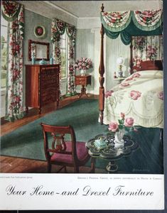 an old fashioned bedroom with pink roses on the bed and green carpeted flooring