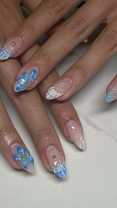 Nail Designs For Cancun, Pretty Nail Art Designs Blue, Nail Art Design Summer, Blue Nail Inspo Gel, Nail Ideas Cute Design, Blue Flower Design Nails, Nail Designs 3d Art, 3d Nail Art Designs Ideas, Beach 3d Nails