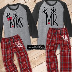 Mr. and Mrs. with Antlers Mr/Mrs on Pant Couple's Christmas PJ's /// #beforetheidos #mrandmrs #christmas Diy Christmas Food, Boatneck Shirt, Christmas Food Ideas, Christmas Pj, Ideas Handmade, Christmas Pjs, Silhouette Cameo Projects, Christmas Couple, Clothes Crafts